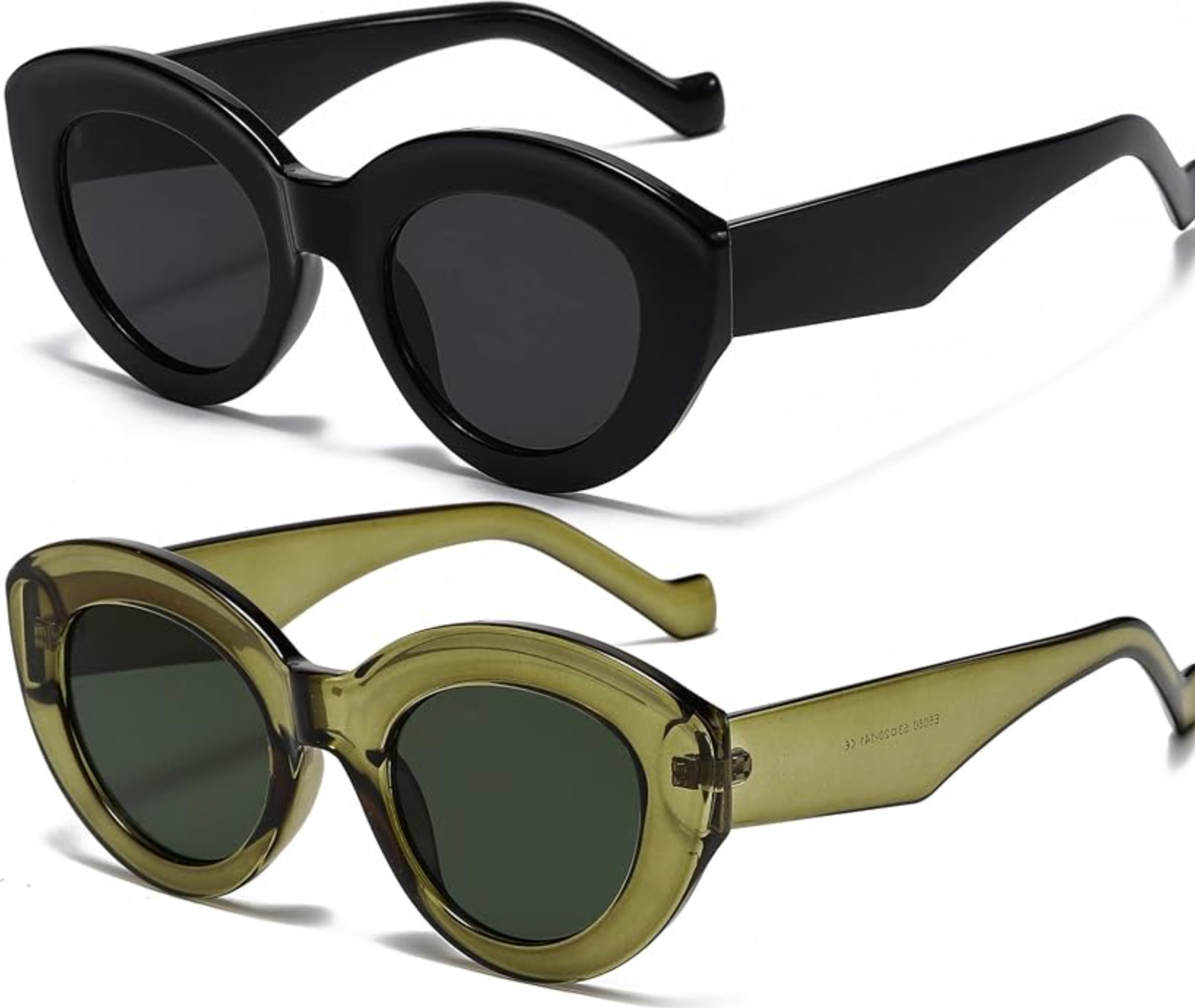 Oversized AIEYEZO cat-eye sunglasses with thick black and olive-green frames.