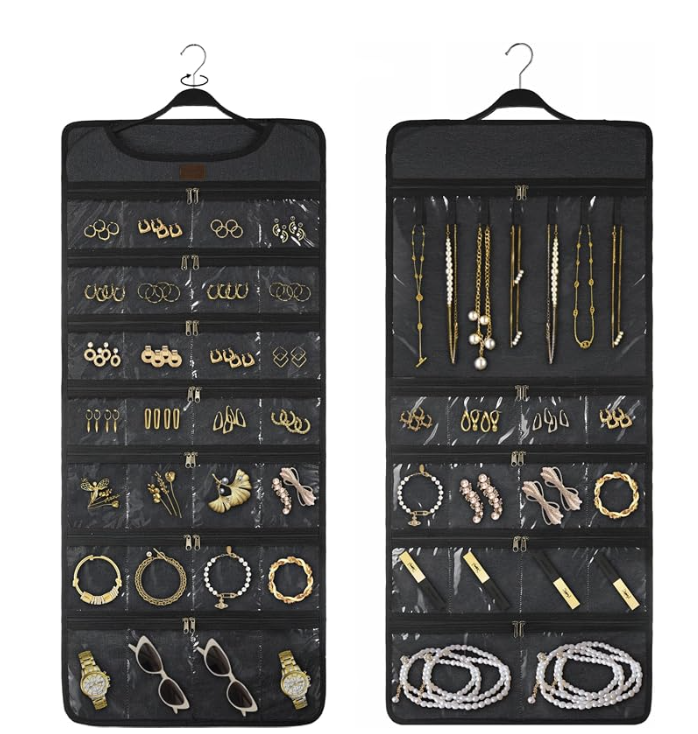 Hanging jewelry organizer with visible earrings and necklaces