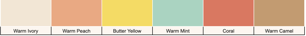 A color palette for the Light Spring season featuring warm, delicate shades of ivory, peach, butter yellow, mint green, coral, and golden tan.