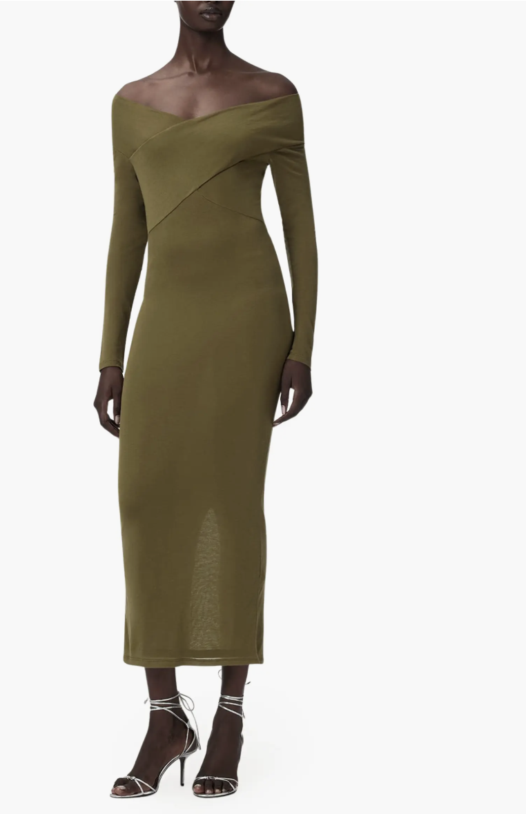 Khaki-green AllSaints Delta off-the-shoulder midi dress with long sleeves.