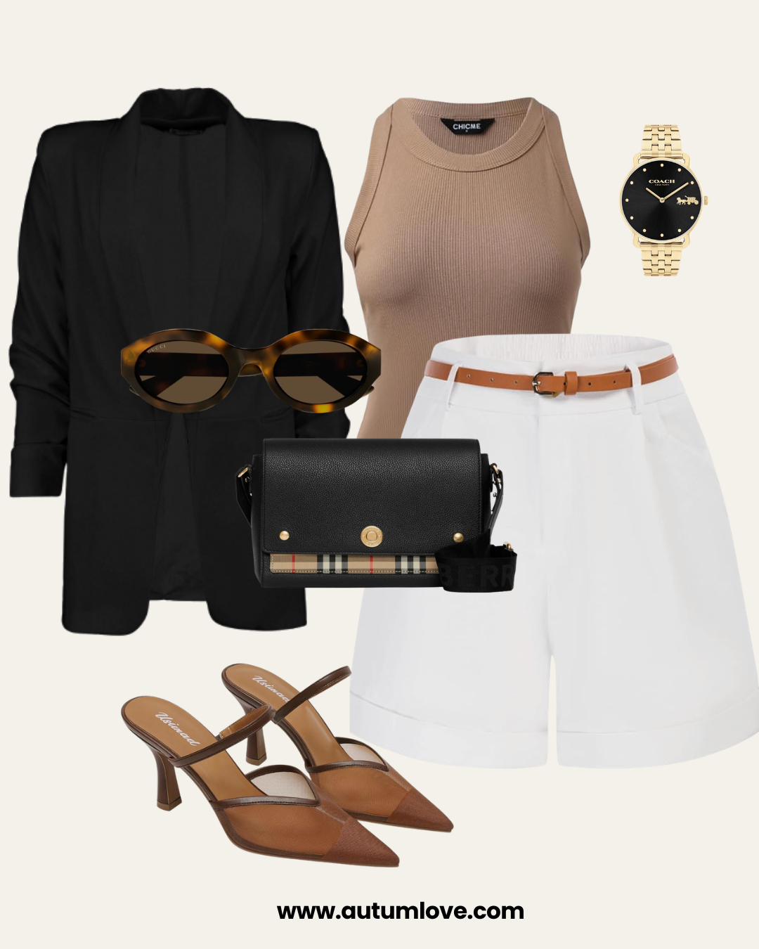 Graphic showing how to wear kitten heels with white tailored shorts, a black blazer, a beige knit top, and a black crossbody bag with a vintage check strap.