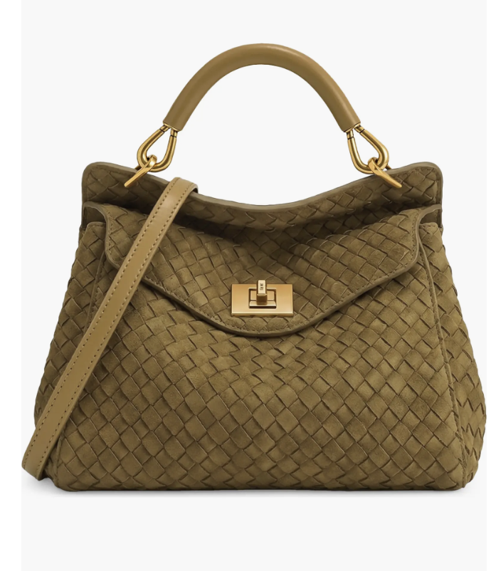 An olive green woven leather top-handle handbag featuring a flap front closure, gold clasp hardware, and a matching shoulder strap.