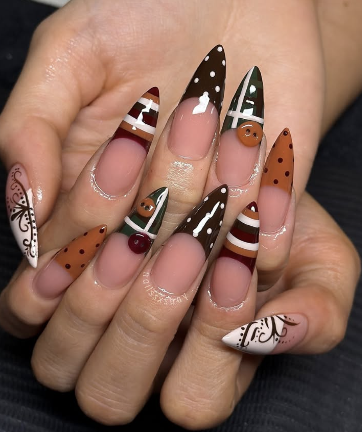 Sheer nude nails with thin brown micro French tips for Thanksgiving