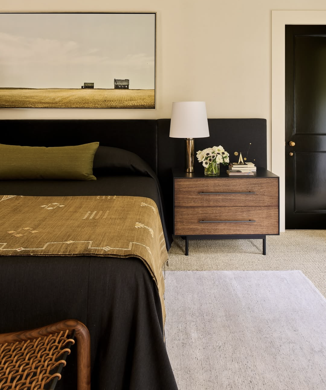 Dark walnut nightstand bringing contrast to a bedroom for fall 2026
