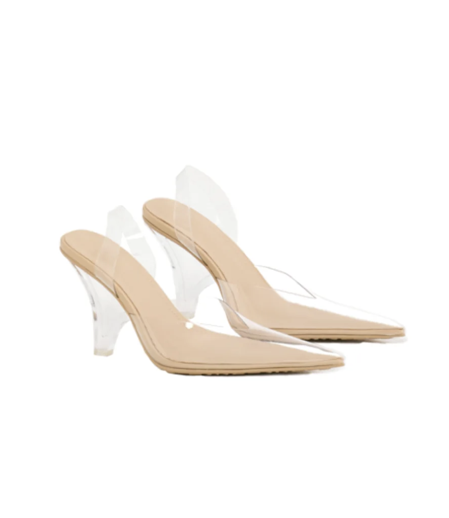 Nude pointed-toe VIVET heels with transparent uppers and clear sculpted heels.