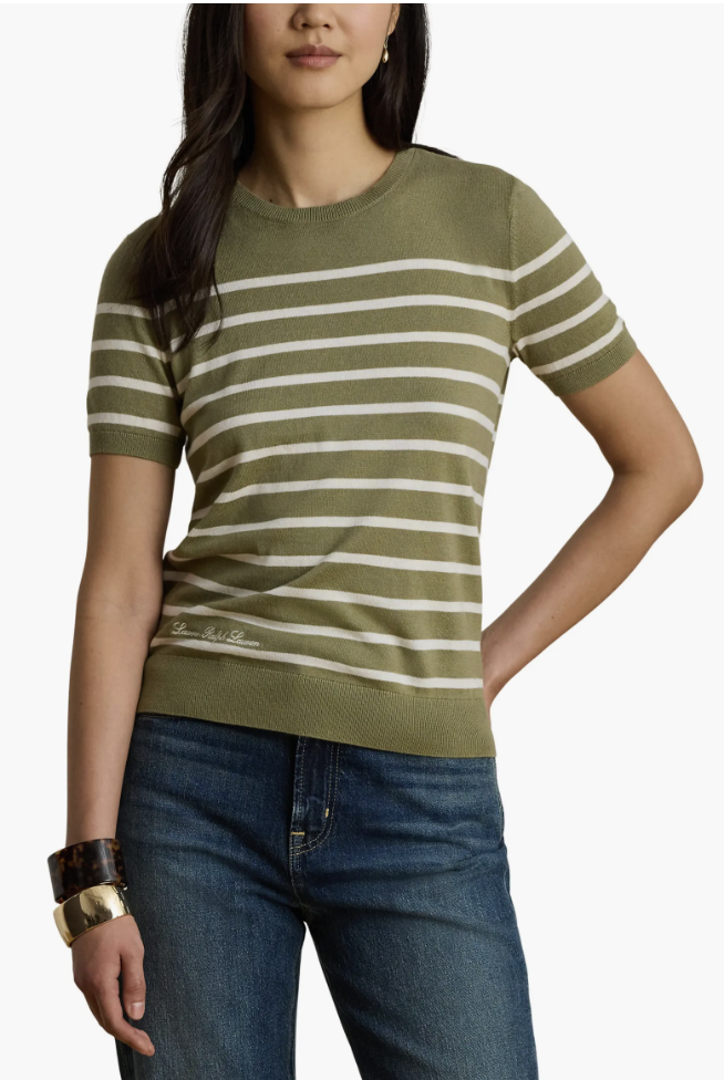 Olive green and white striped short-sleeve sweater.