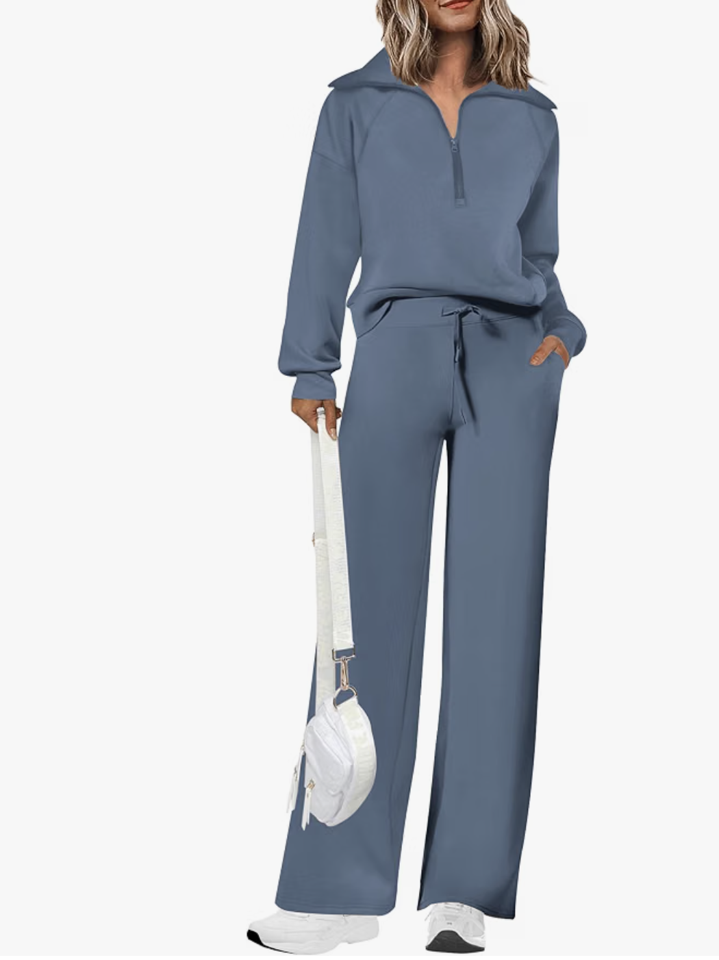 Prettygarden grey-blue half-zip top and matching wide-leg pants
