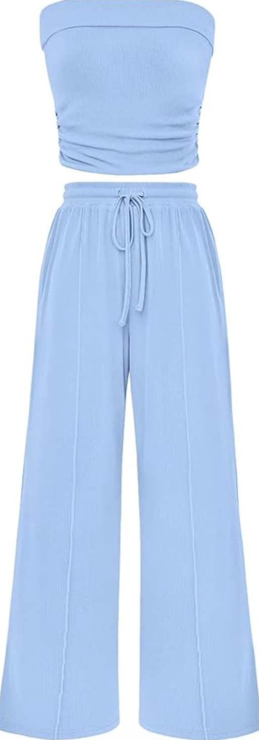 A light blue two-piece set featuring a strapless ribbed knit tube top and matching wide-leg trousers on a transparent background.