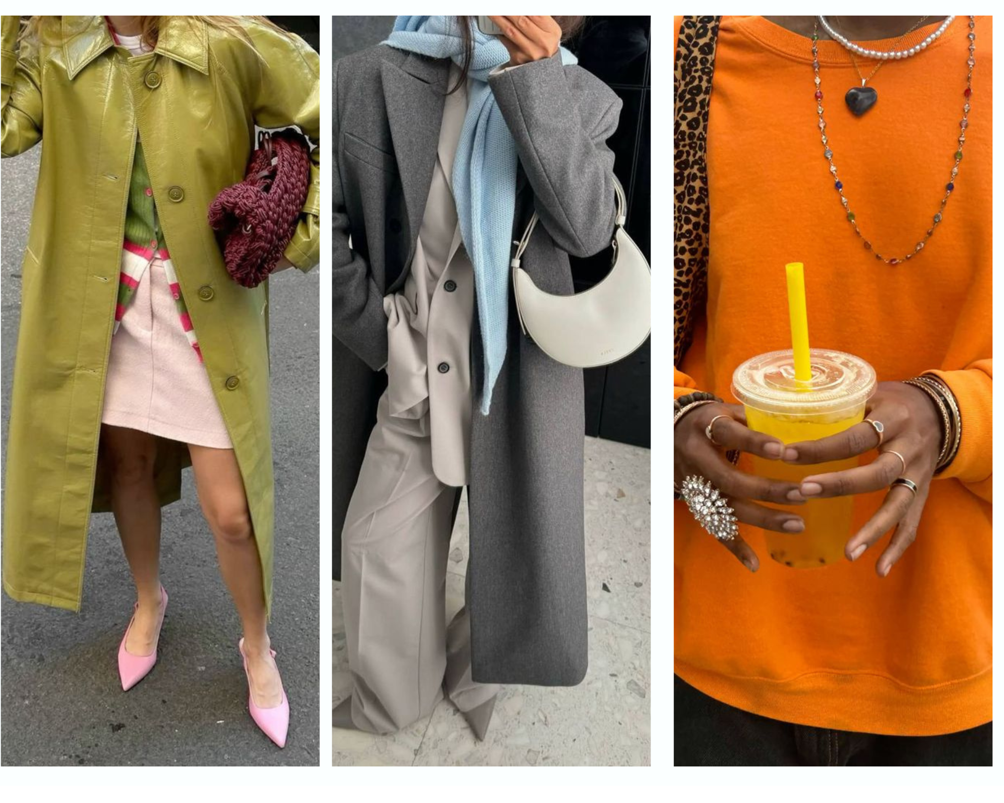 A fashion editor-approved collage showcasing Spring 2026 color trends, including a long Wasabi green coat, a monochromatic Cool Blue tailored suit with a matching scarf, and a Persimmon orange street style look.