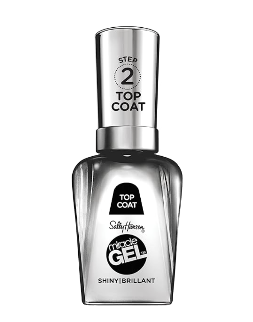 A bottle of Sally Hansen Miracle Gel Matte Top Coat, a budget-friendly option for achieving a velvet matte finish on matcha green nails.