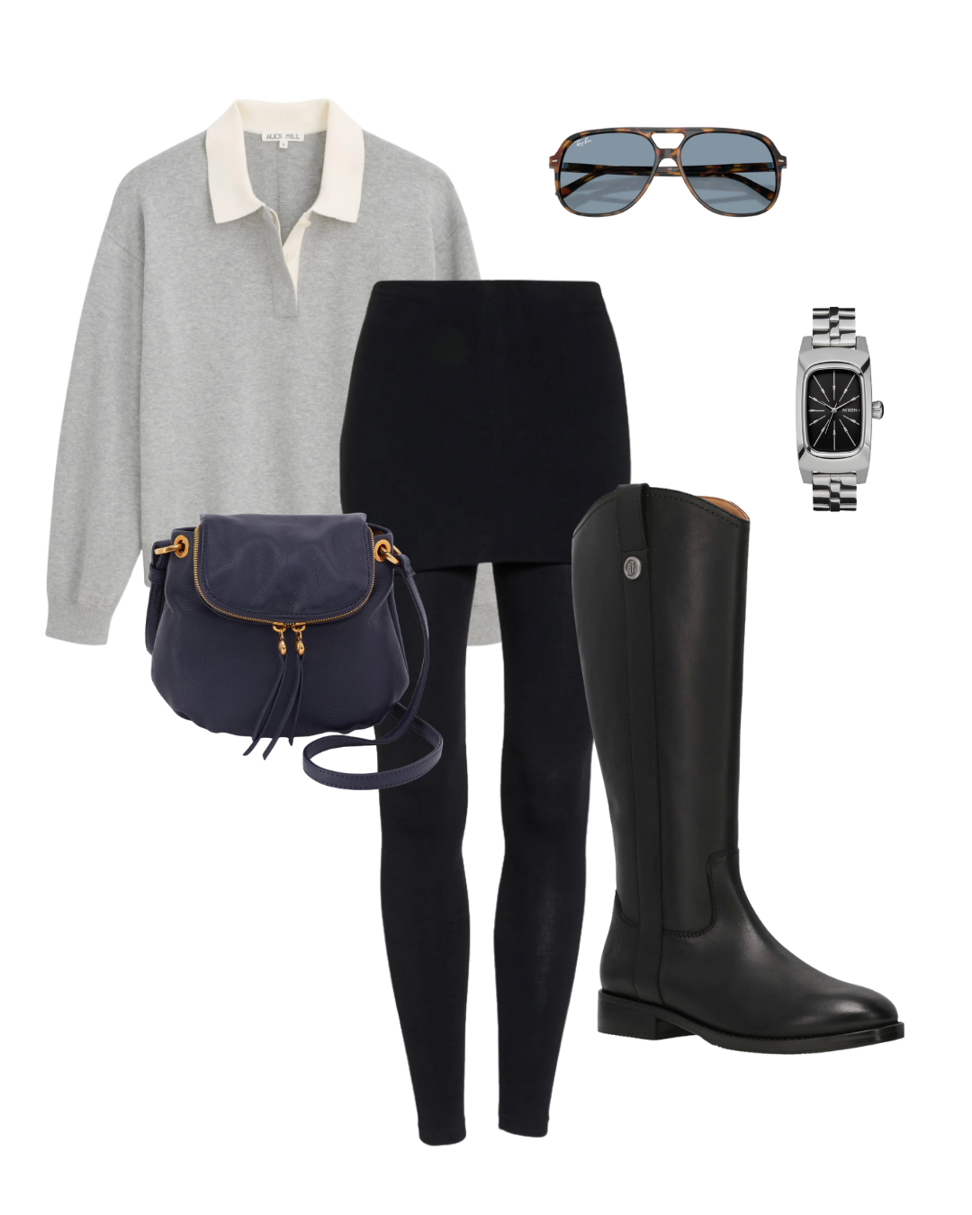 Flat lay layout featuring a black mini skirt and leggings paired with a grey collared sweater, black riding boots, a navy crossbody handbag, aviator sunglasses, and a watch.