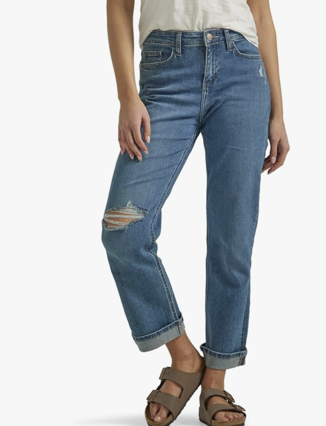 Professional stylist's pick for Lee Mid Rise Boyfriend Jeans, showing a relaxed-fit denim with a cuffed hem and a comfortable mid-weight feel for a casual everyday look.