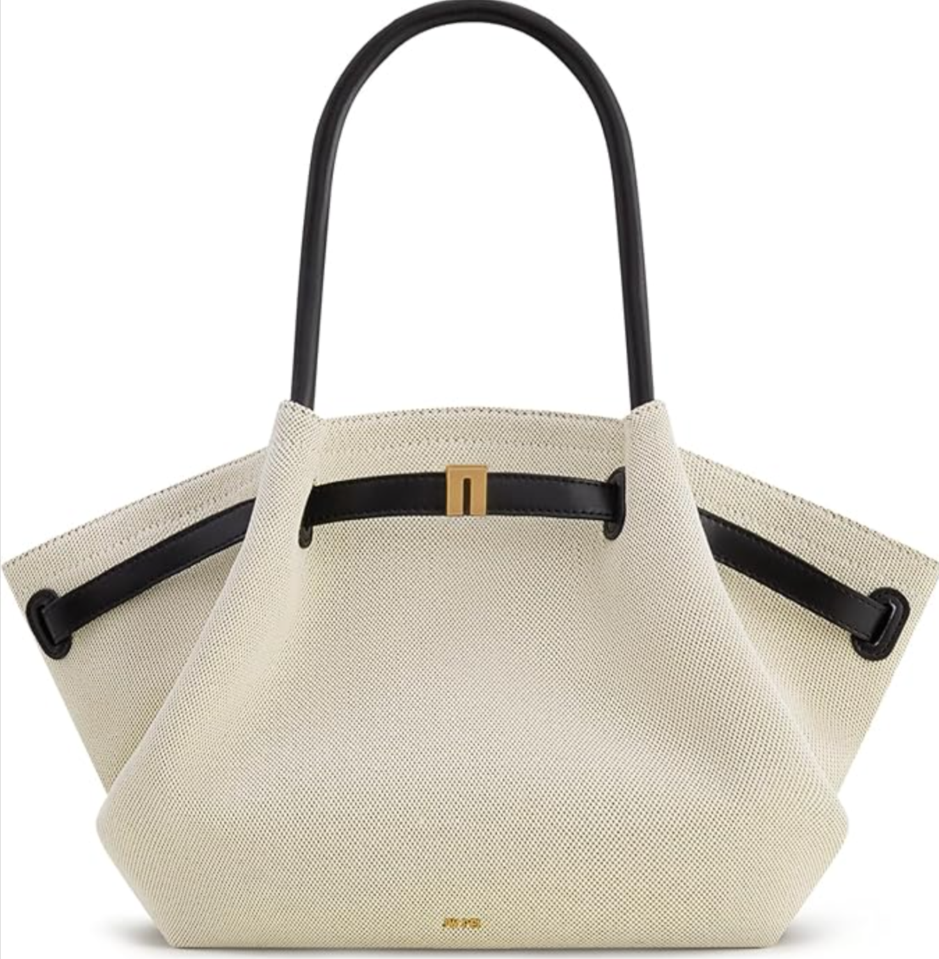 A cream and black JW PEI Hana Medium Tote Bag with a sculptural silhouette and minimalist hardware, styled as a chic accessory for a designer-inspired vacation wardrobe.