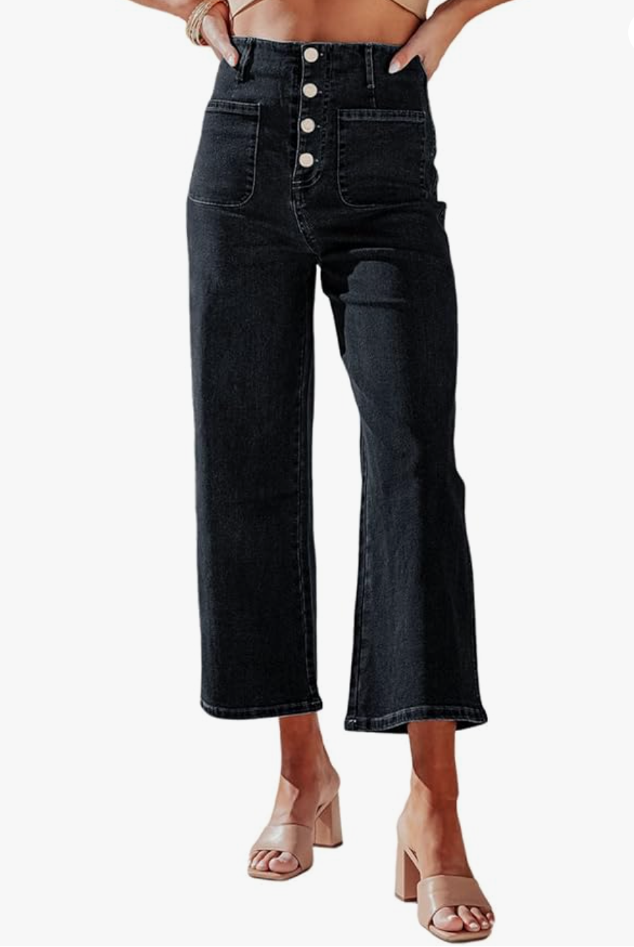 A pair of black Stretchy Straight Leg Capris with a clean, pull-on waistband and straight-leg silhouette, styled as a comfortable and professional office staple for an Amazon capsule wardrobe.