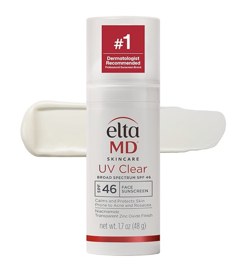 A bottle of EltaMD UV Clear Broad-Spectrum SPF 46 face sunscreen next to a smooth swipe of the white cream formula.