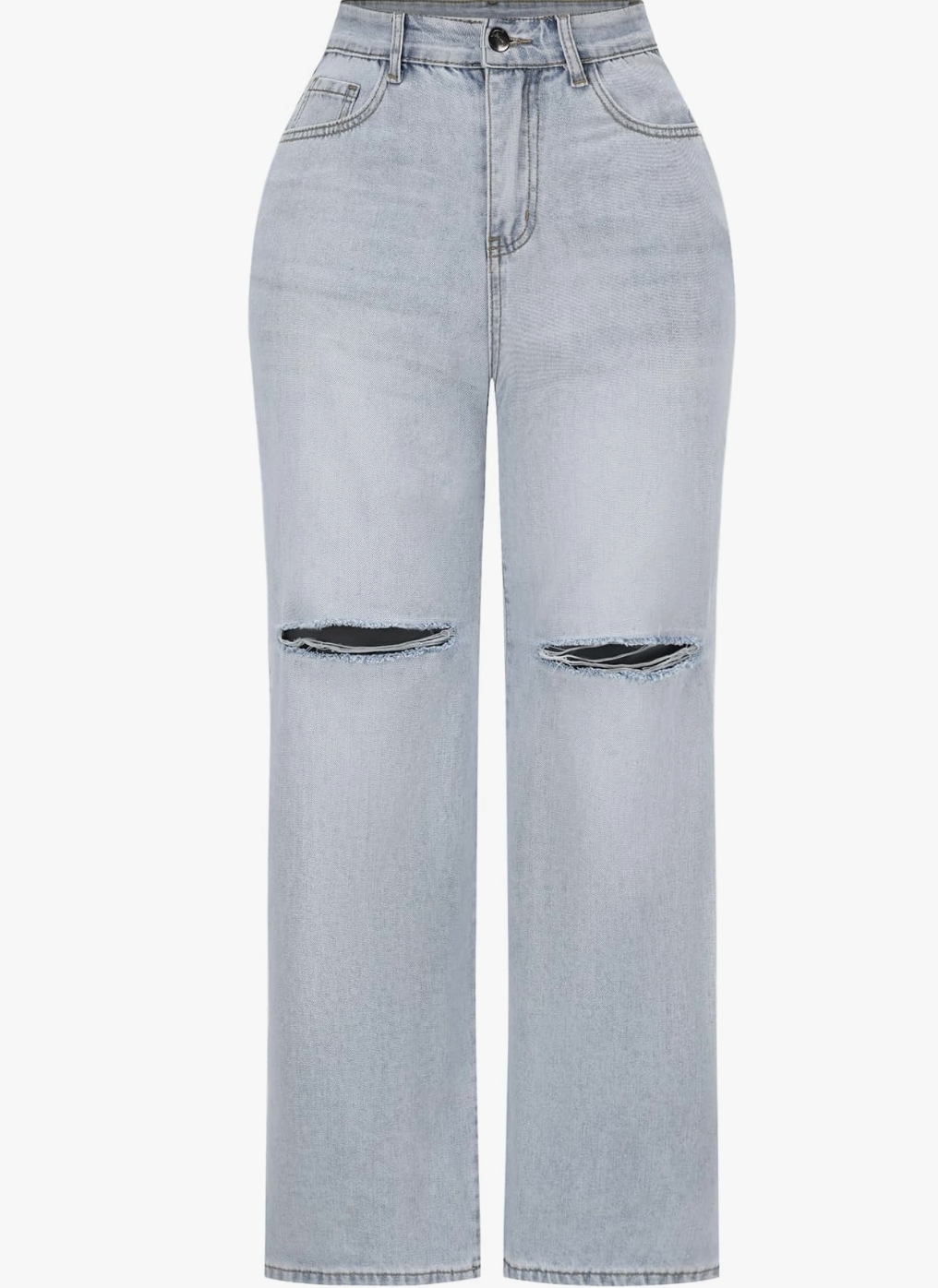 A pair of light blue straight-leg jeans with distressed ripped details at the knees, styled in a relaxed fit.