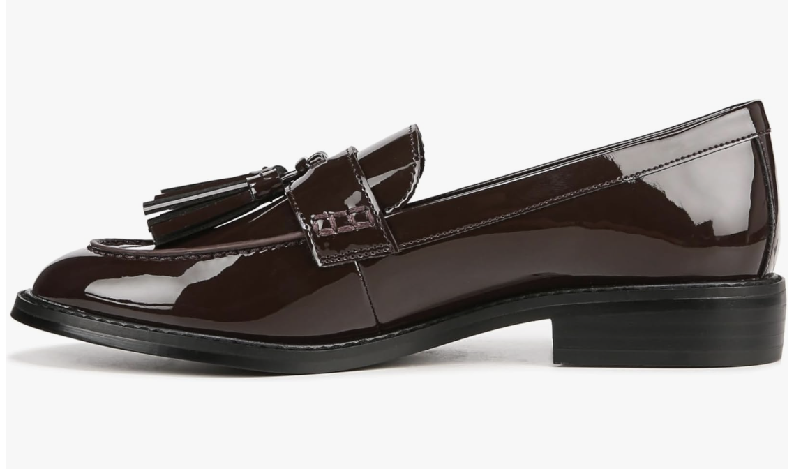 Hickory-brown patent Franco Sarto Carolynn loafers with tassel detailing.