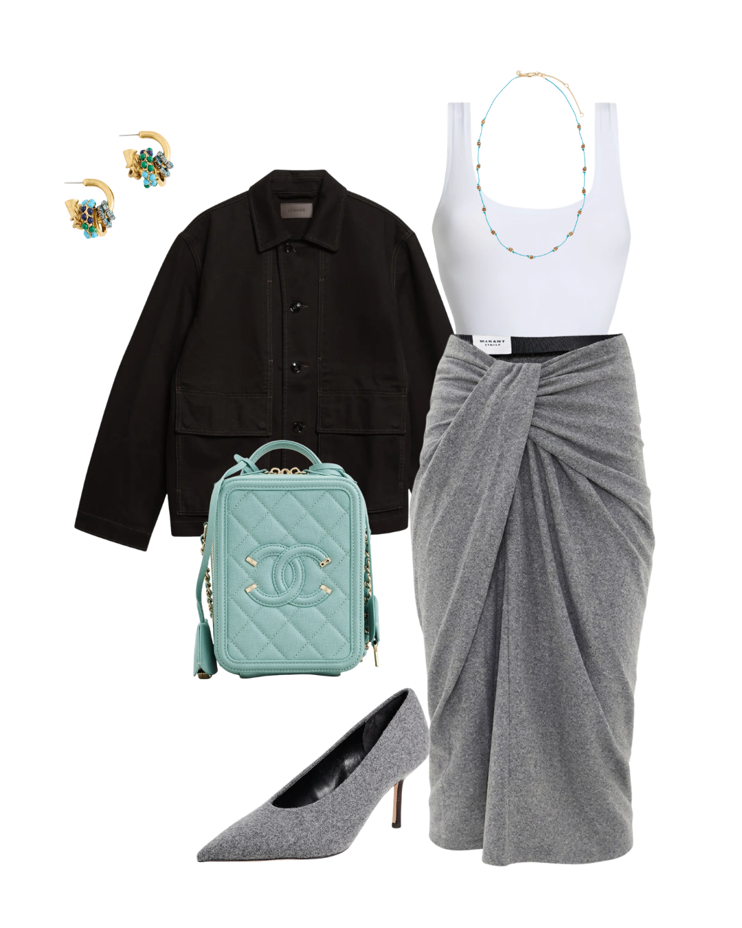 Flat lay outfit grid featuring a black denim jacket, white ribbed tank top, grey draped wrap midi skirt, grey textured pointed-toe pumps, and a light turquoise quilted handbag.