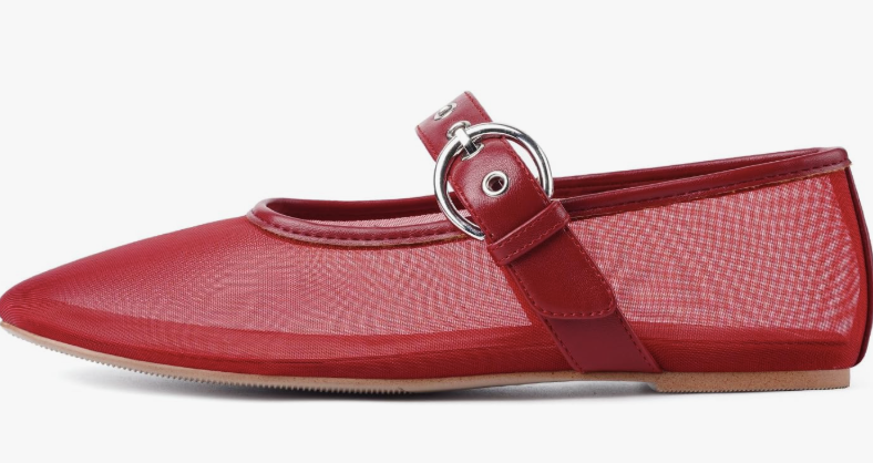 Close-up of cherry red mesh ballet flats with a thin buckle strap, a lightweight and breathable footwear choice for a 2026 summer outfit formula.