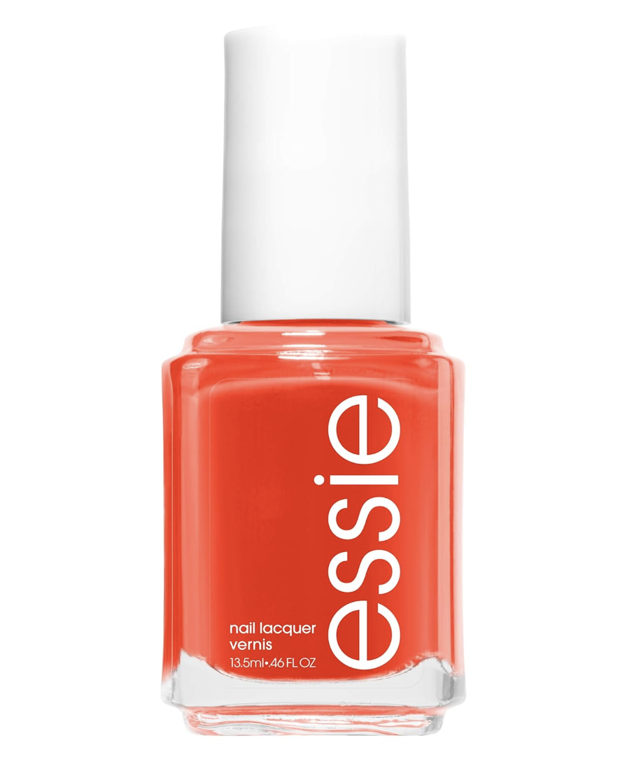 A bottle of Essie Geranium nail polish, a vibrant and classic red-orange cream lacquer.