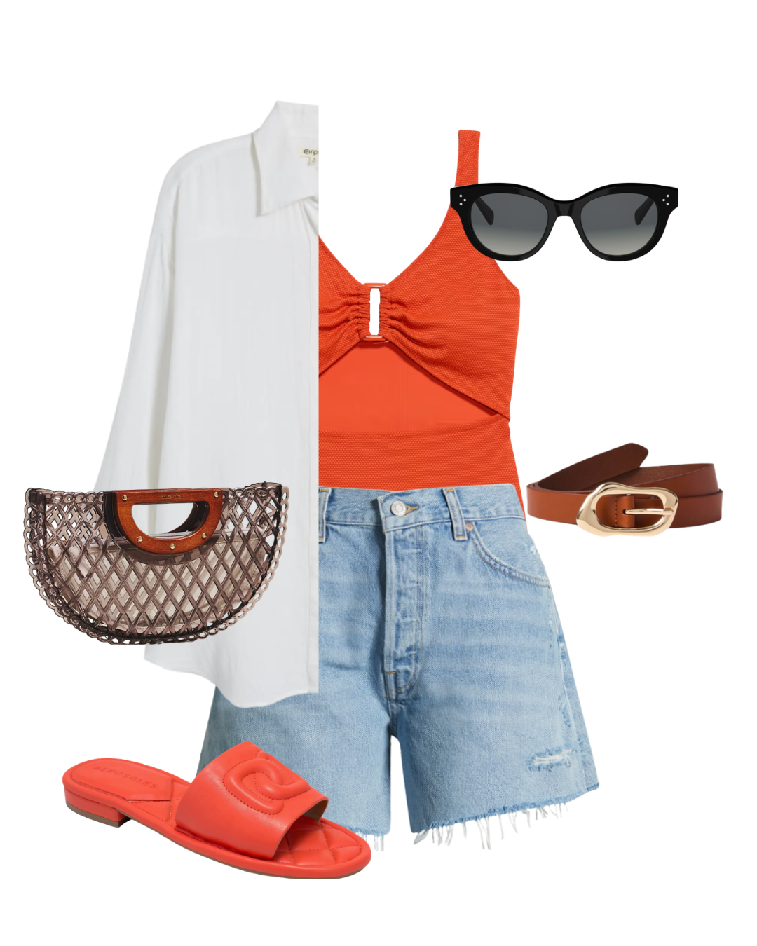 A flat lay arrangement of a summer pool party outfit featuring a vibrant orange one-piece swimsuit, light-wash denim cutoff shorts, an open white linen button-down shirt, bright orange slide sandals, black sunglasses, and a brown woven net handbag.