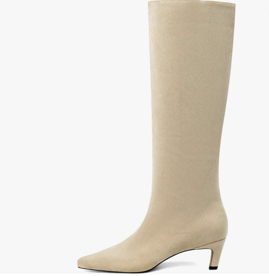 Black faux-leather knee-high boots with square toes and low kitten heels.