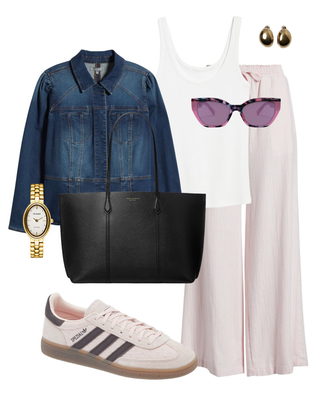 : A cold-to-hot airport outfit formula featuring flowy white wide-leg linen pants, a matching ribbed tank top, a classic denim jacket, blush pink sneakers, a black leather tote bag, and a gold watch.