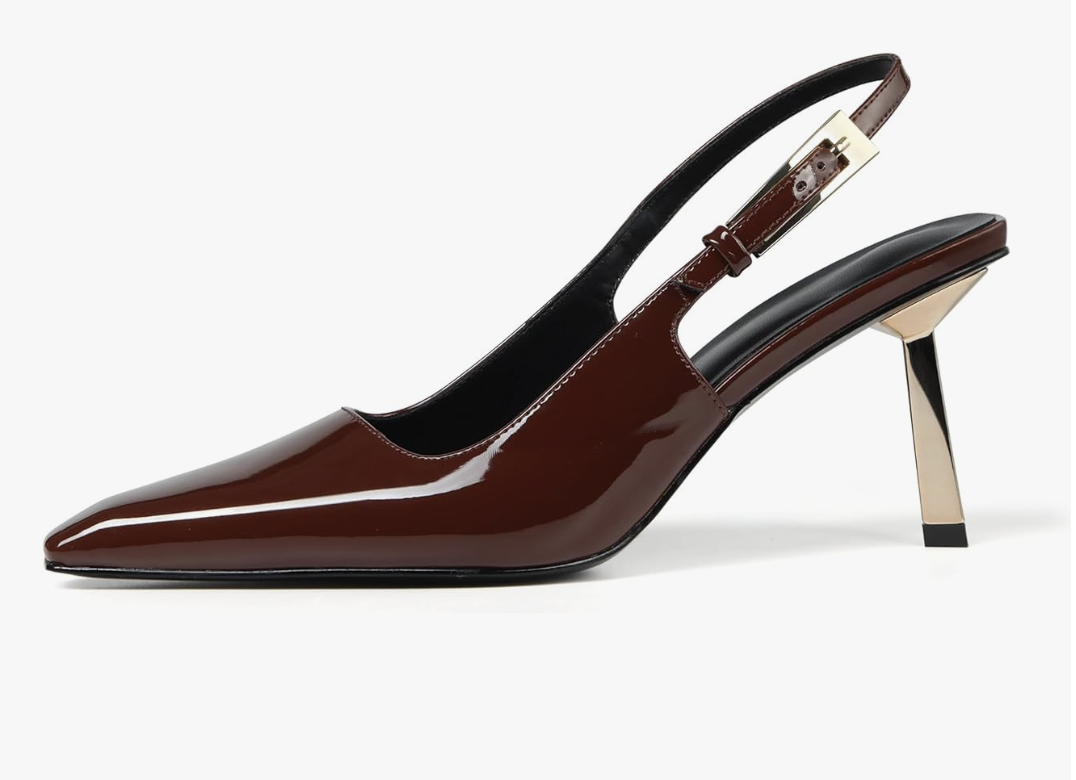 Close up of dark burgundy patent leather pointed-toe kitten heel slingbacks, styled as a sophisticated contrast for an olive green outfit.