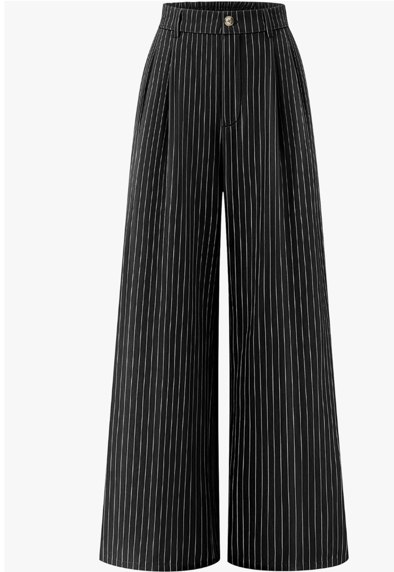 A pair of high-waisted wide-leg palazzo pants with a black and white vertical pinstripe pattern, featuring a button closure and tailored front.