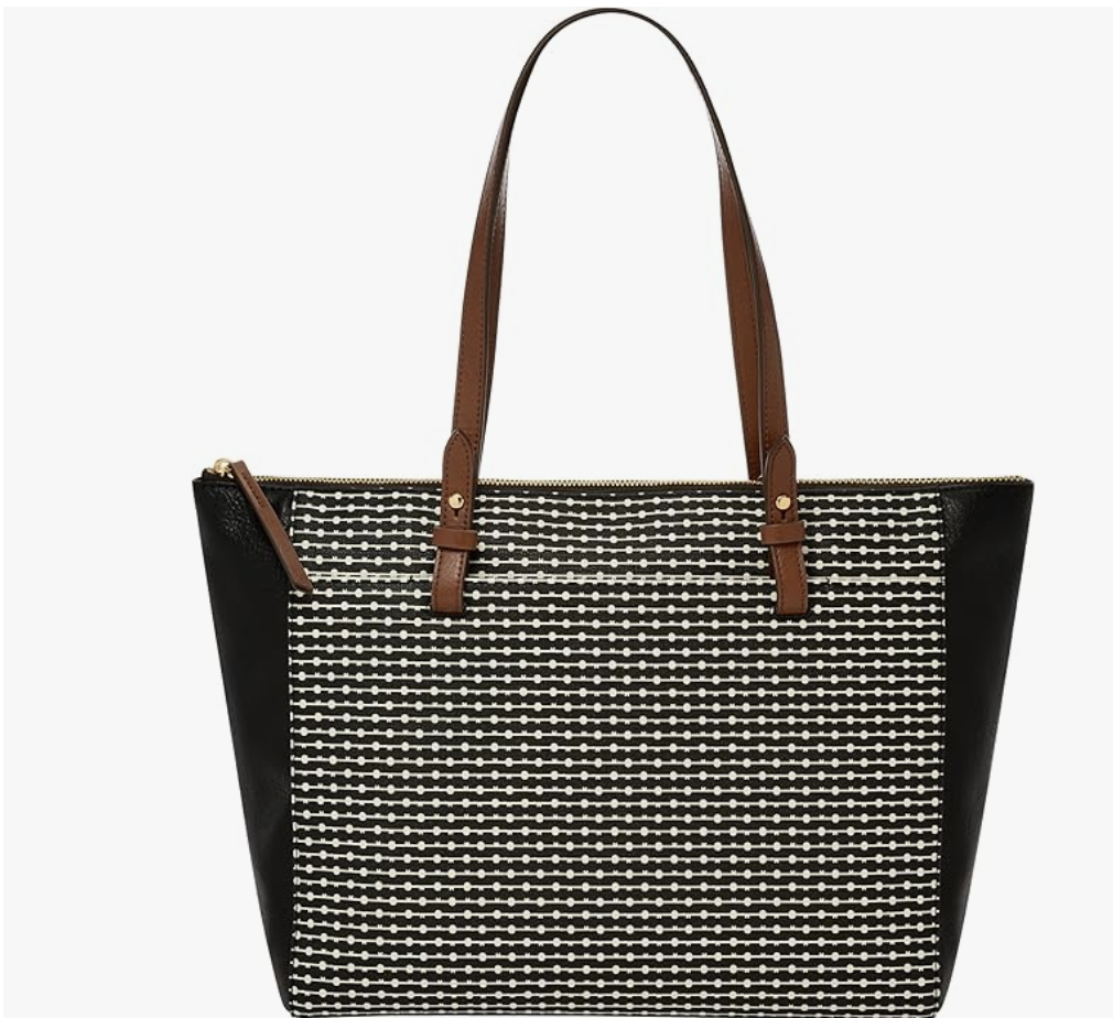 Fossil Rachel Tote featuring a black and white woven leather body with brown leather top handles and a structured silhouette.