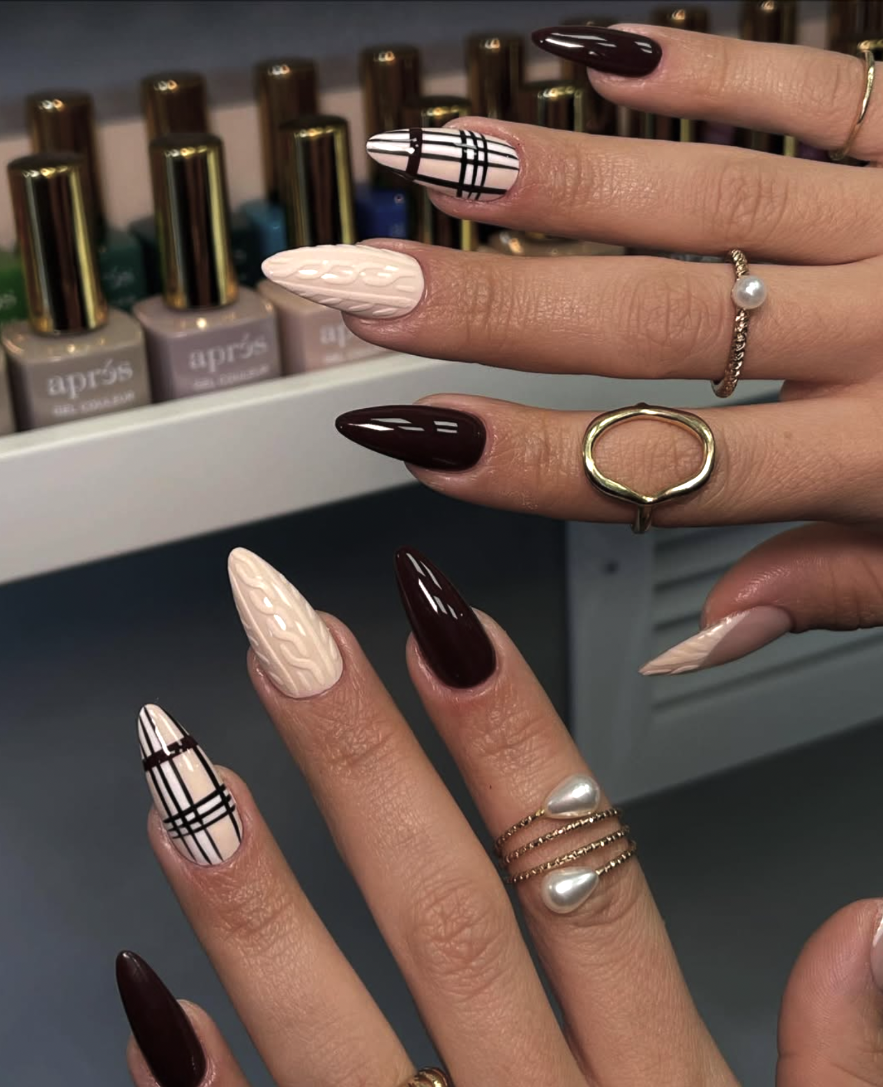 Chocolate brown Thanksgiving manicure with plaid accent nails
