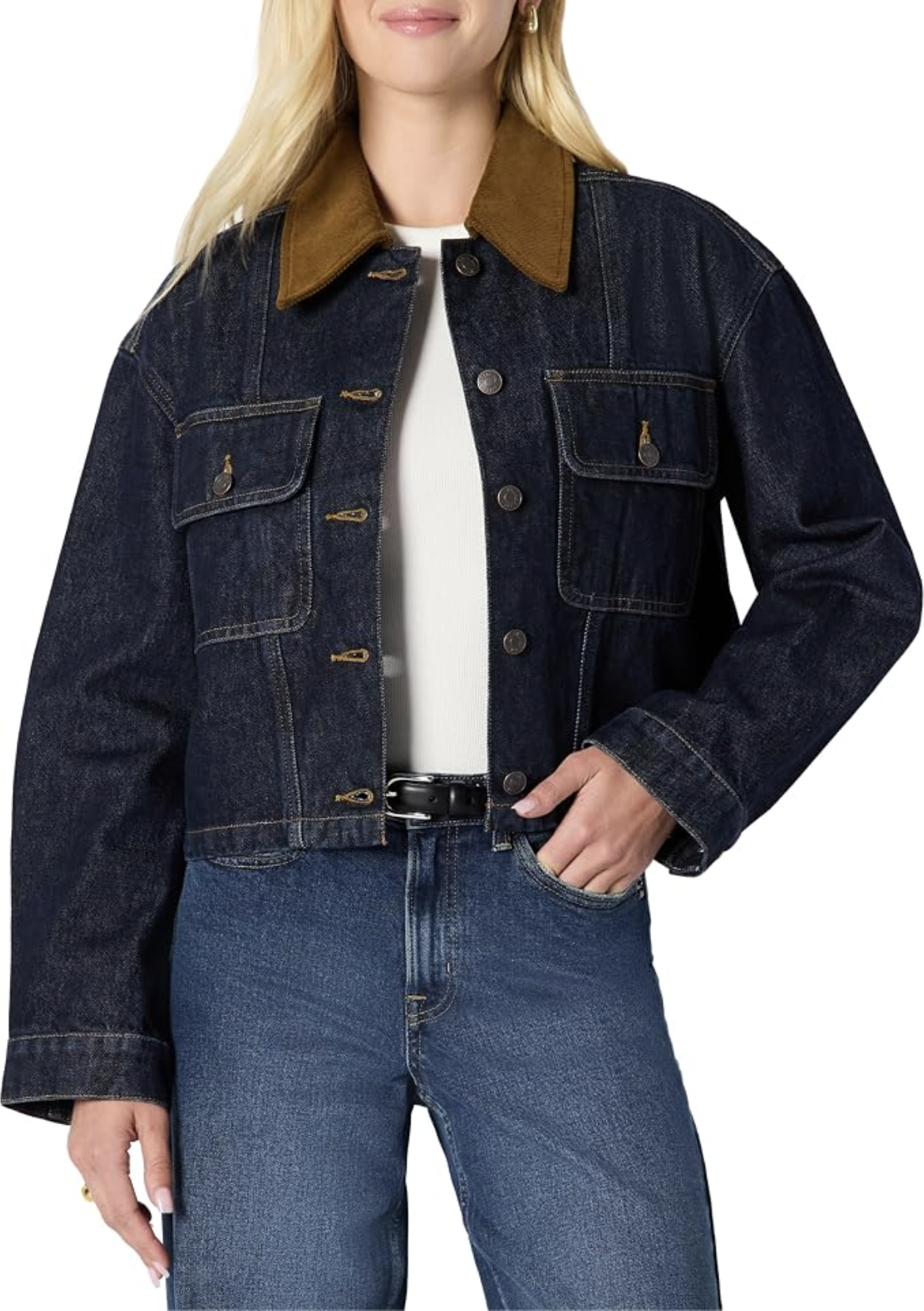 Dark-rinse Amazon Essentials cropped denim jacket with a contrasting corduroy collar.