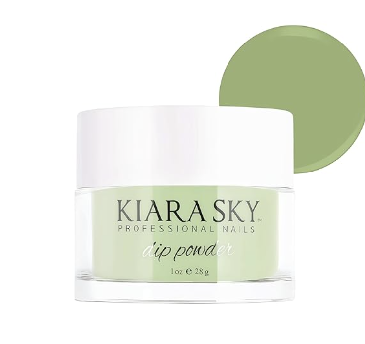 A bottle of Kiara Sky Matcha Latte gel polish alongside a swatch of the creamy, earthy green shade on a nail.