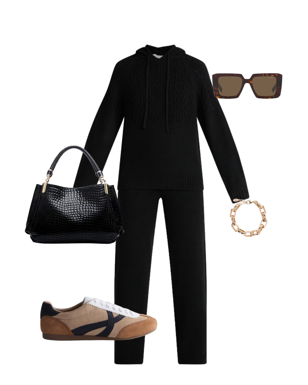 Comfortable Walmart sideline outfit with a black knit set, pale-blue sneakers and a roomy black tote.