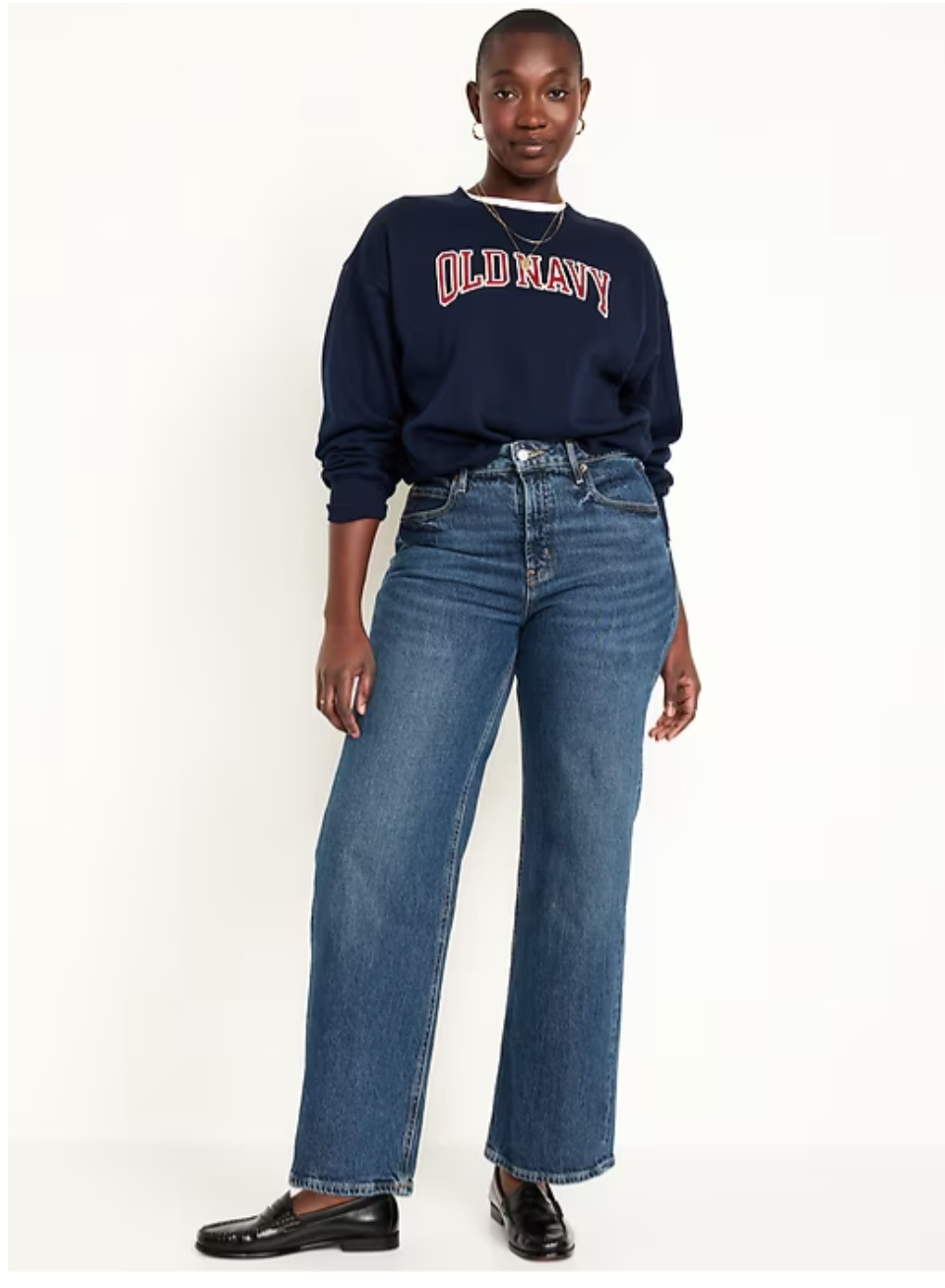 Old Navy Extra-High Rise Sky-High Jeans in a dark wash, featuring a wide-leg fit designed for tall women with a 34-36 inch inseam.