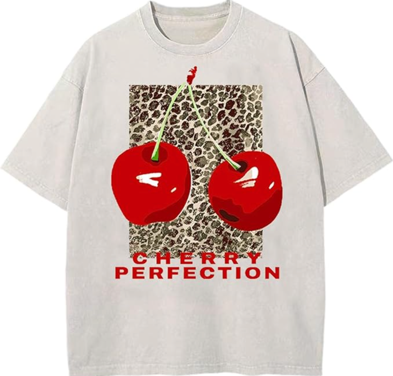 A light grey graphic t-shirt featuring two large red cherries with a leopard print pattern on the fruit and the words "Cherry Perfection" in red text.