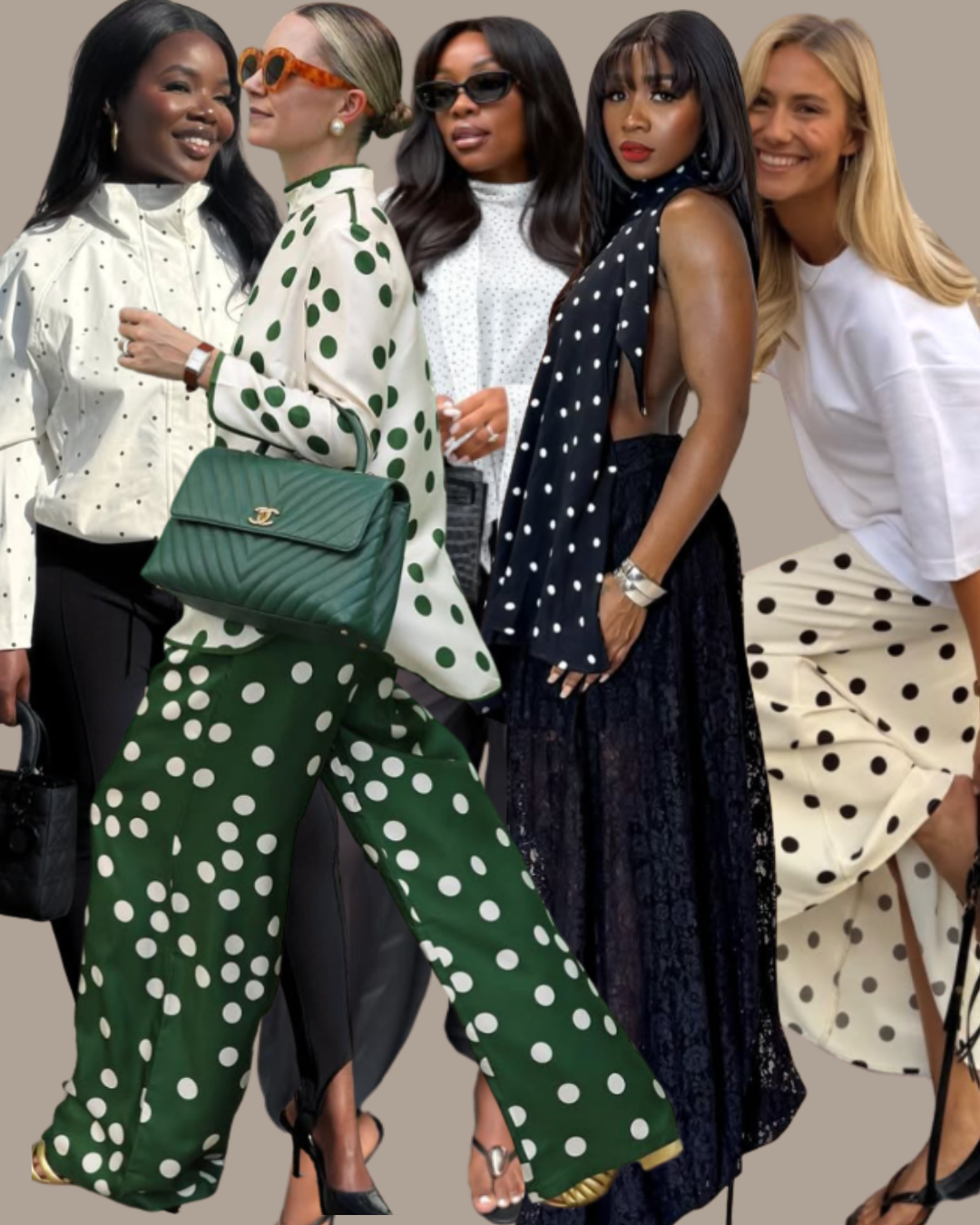 four women wearing polka dot outfits for summer including midi skirts, wide leg pants, and halter tops