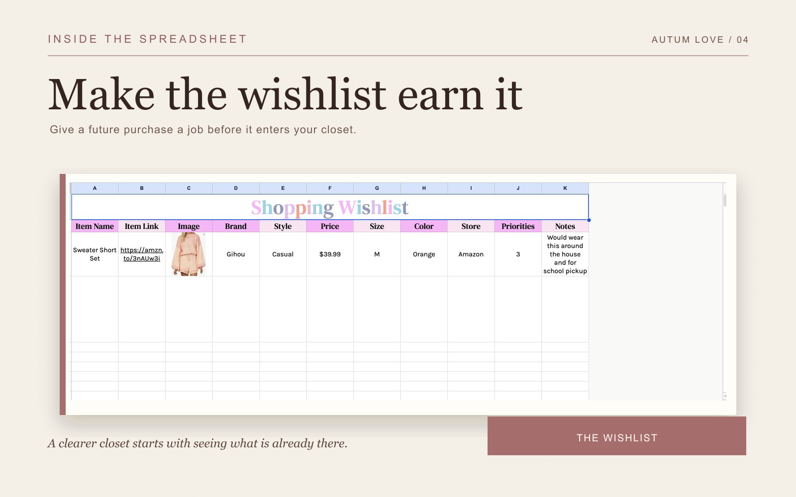 Wardrobe wishlist spreadsheet for recording an item, price, size, color, store, priority and shopping notes.