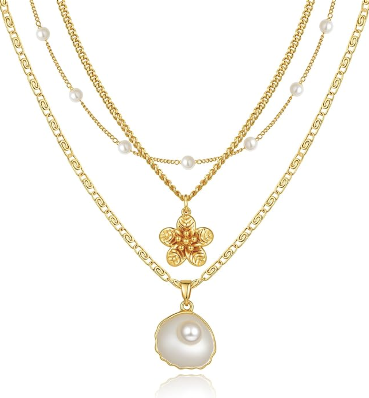 A triple-layered 14k Gold Plated Waterproof Dainty Choker Necklace featuring a gold flower charm and a white pearl pendant, styled for a summer BBQ outfit.