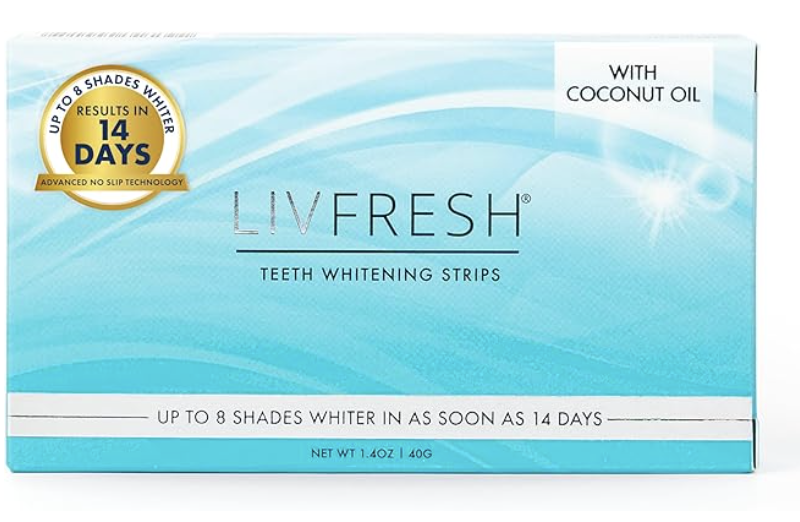 Box of LIVFRESH Coconut Whitening Strips featuring a light blue and white wave design.