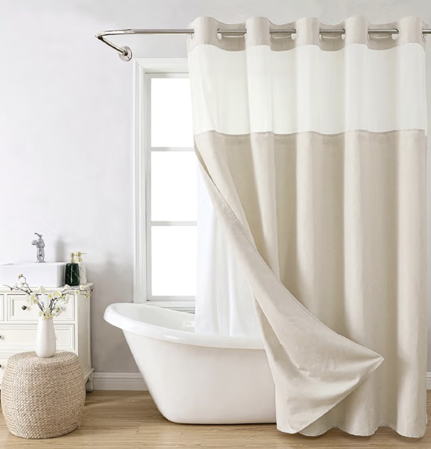 Textured polyester shower curtain that hangs without hooks