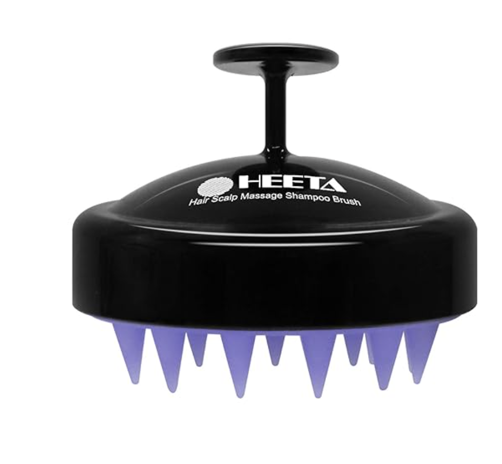 The HEETA Scalp Massager in black with purple silicone bristles, a top-rated wash day tool for scalp exfoliation and hair growth on Amazon.