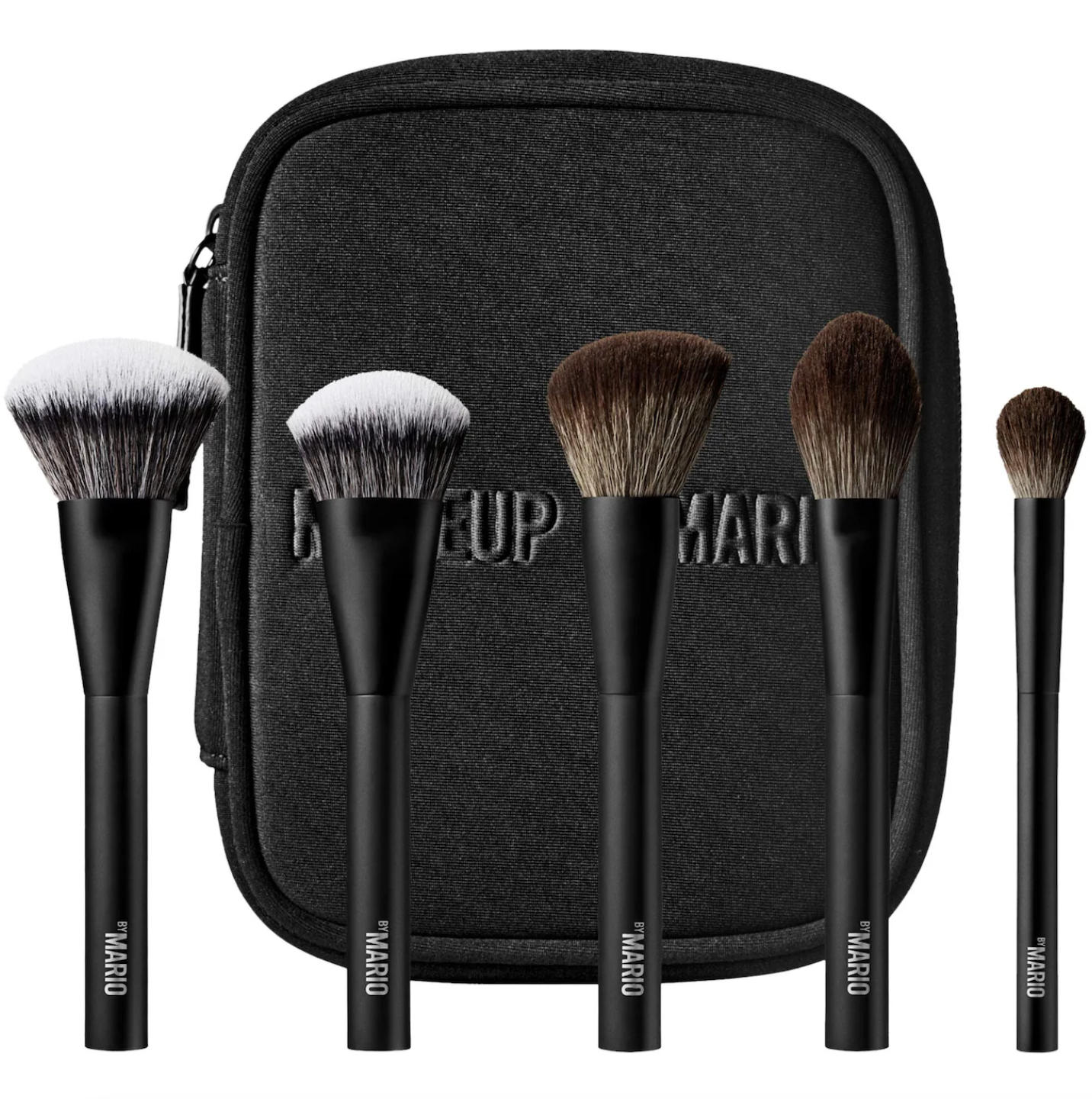 A set of five black Makeup by Mario professional makeup brushes with white-tipped bristles, displayed alongside a black zippered travel pouch.