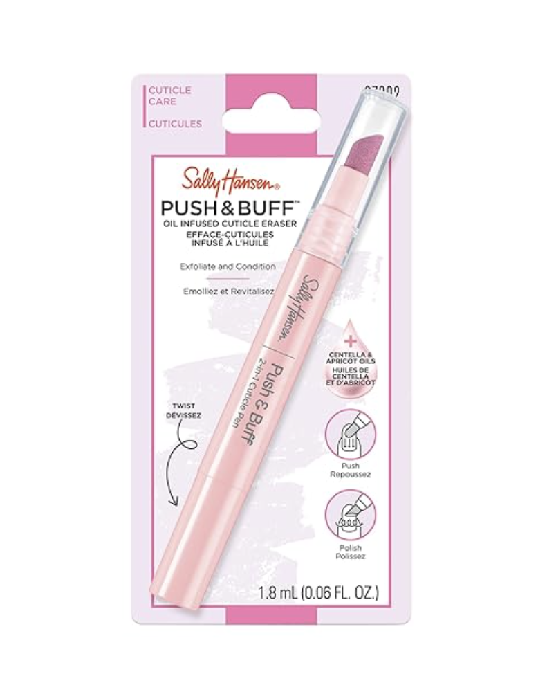 A Sally Hansen Push and Buff 2-in-1 Cuticle Care pen showing the textured ceramic tip and pink packaging, designed to exfoliate and hydrate cuticles.