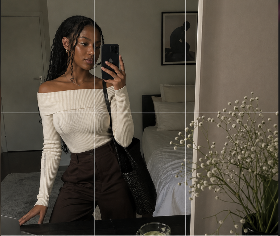 A woman styling a cream off-the-shoulder sweater tucked into high-waisted dark trousers to demonstrate the 1/3 top and 2/3 bottom Rule of Thirds in fashion.