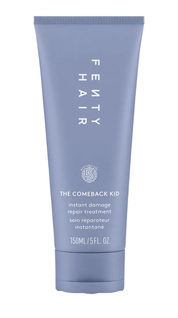 Fenty Hair The Comeback Kid Instant Damage Repair Hair Treatment in a sleek periwinkle blue tube, featuring bond-repair technology to restore and strengthen damaged curls and coils.
