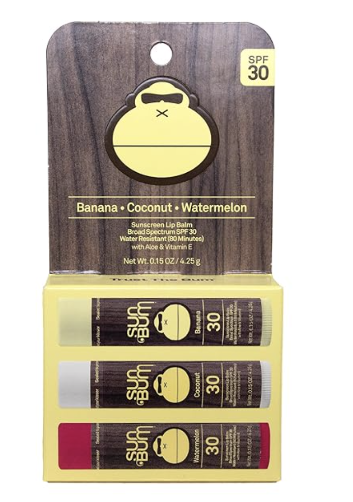 A three-pack of Sun Bum SPF 30 lip balms in banana, coconut, and watermelon flavors.