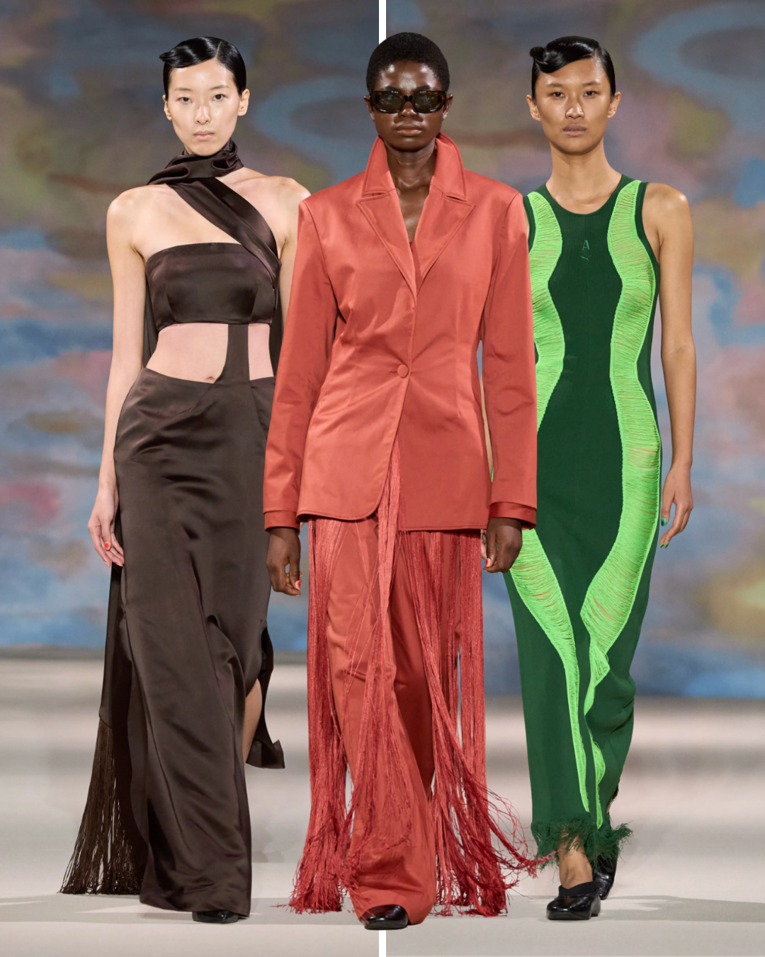 Model wears a fitted red, green and white FESTAC-inspired print dress in Ahluwalia’s Spring 2027 collection.