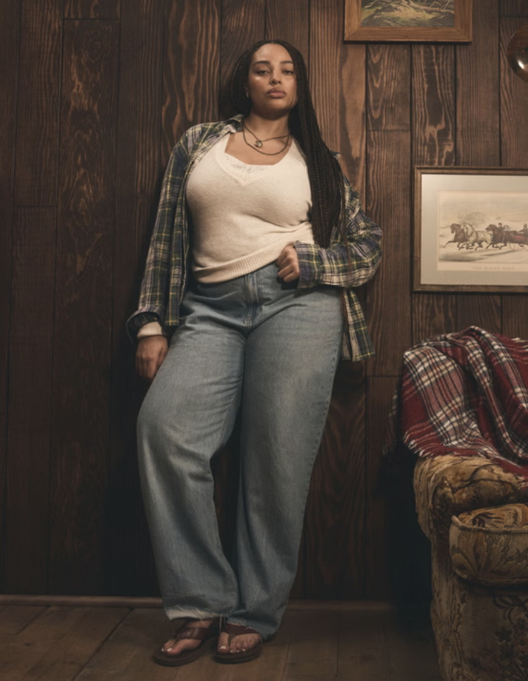 Abercrombie Curve Love High Rise Wide Leg Jeans styled for a big belly and skinny legs body type.