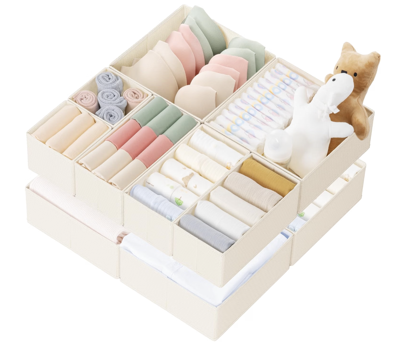 Beige Criusia drawer organizers in assorted sizes